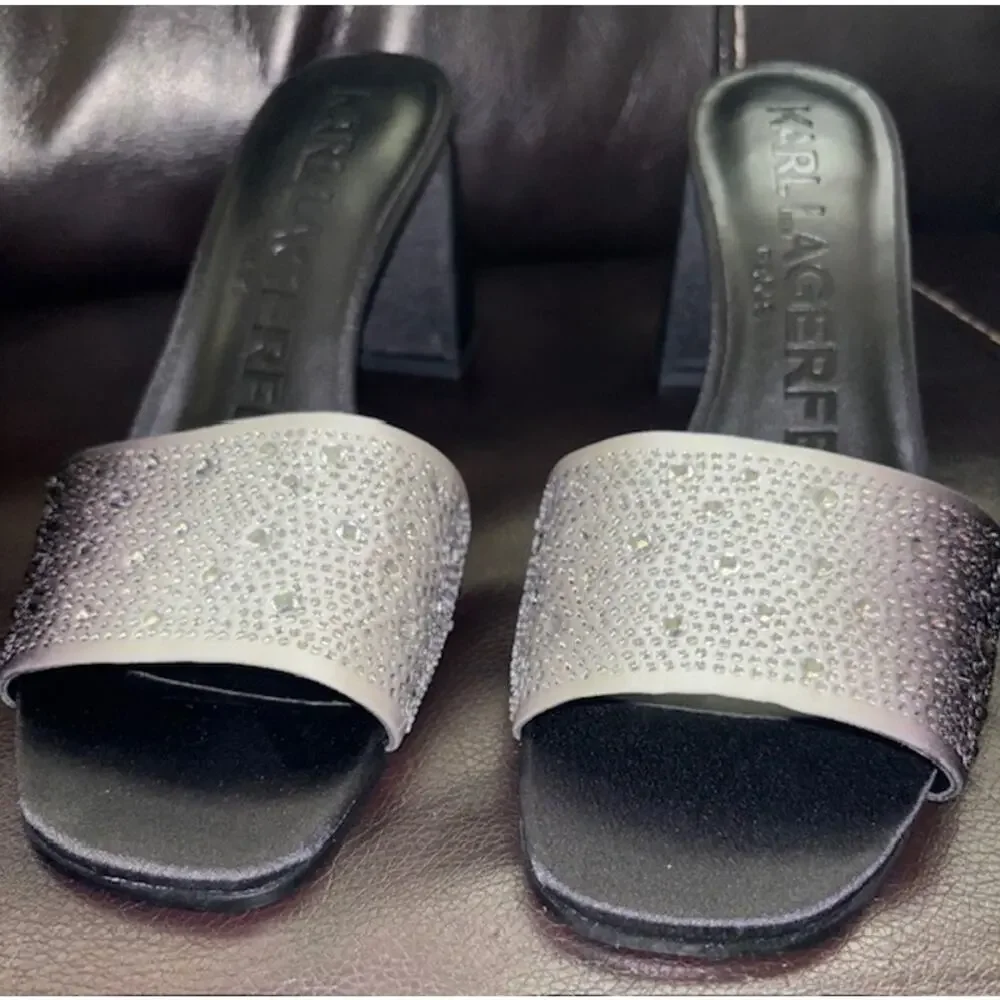 NIB KARL LAGERFELD PARIS PERA RHINESTONE BLACK WHITE SLIDE SANDAL. 9 M Sparkly - Picture 4 of 12